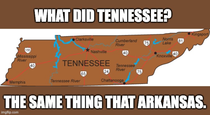 Tennessee | WHAT DID TENNESSEE? THE SAME THING THAT ARKANSAS. | image tagged in bad pun | made w/ Imgflip meme maker