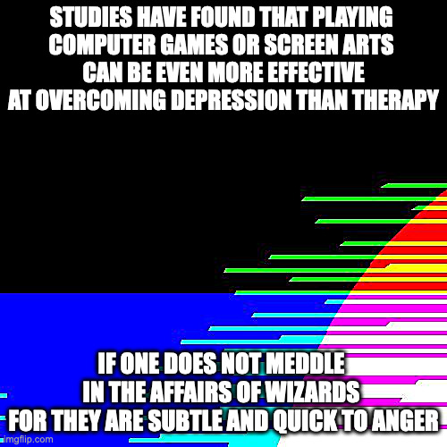 the screen arts | STUDIES HAVE FOUND THAT PLAYING 
COMPUTER GAMES OR SCREEN ARTS 
CAN BE EVEN MORE EFFECTIVE AT OVERCOMING DEPRESSION THAN THERAPY; IF ONE DOES NOT MEDDLE 
IN THE AFFAIRS OF WIZARDS 
FOR THEY ARE SUBTLE AND QUICK TO ANGER | image tagged in there are no computers | made w/ Imgflip meme maker