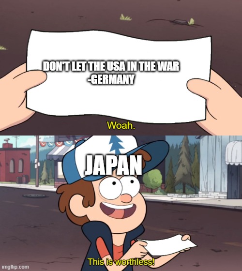 not 100% historically accurate | DON'T LET THE USA IN THE WAR
-GERMANY; JAPAN | image tagged in this is worthless | made w/ Imgflip meme maker