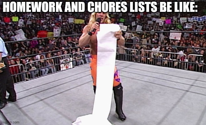wwe long list | HOMEWORK AND CHORES LISTS BE LIKE: | image tagged in wwe long list | made w/ Imgflip meme maker