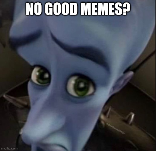 me right now | NO GOOD MEMES? | image tagged in megamind,memes,funny,meme,no bitches | made w/ Imgflip meme maker