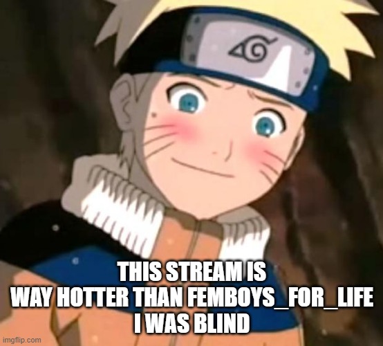 Naruto blushing | THIS STREAM IS WAY HOTTER THAN FEMBOYS_FOR_LIFE
I WAS BLIND | image tagged in naruto blushing | made w/ Imgflip meme maker