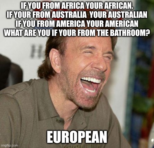 funneh |  IF YOU FROM AFRICA YOUR AFRICAN. IF YOUR FROM AUSTRALIA  YOUR AUSTRALIAN IF YOU FROM AMERICA YOUR AMERICAN WHAT ARE YOU IF YOUR FROM THE BATHROOM? EUROPEAN | image tagged in funny meme | made w/ Imgflip meme maker