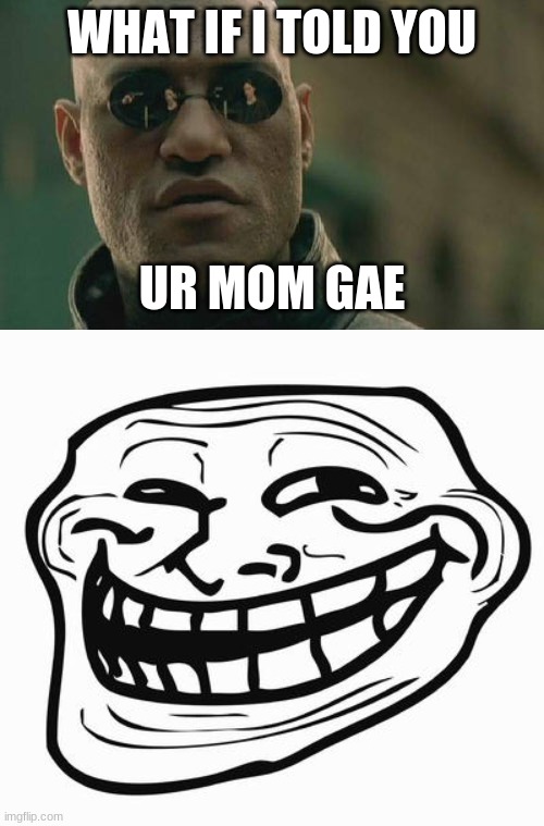 haha funny word | WHAT IF I TOLD YOU; UR MOM GAE | image tagged in memes,matrix morpheus,trollface,we do a little trolling,funny,dastarminers awesome memes | made w/ Imgflip meme maker