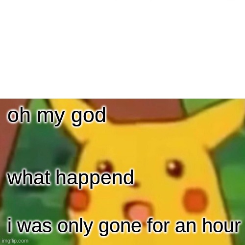 Surprised Pikachu Meme | oh my god; what happend; i was only gone for an hour | image tagged in memes,surprised pikachu | made w/ Imgflip meme maker