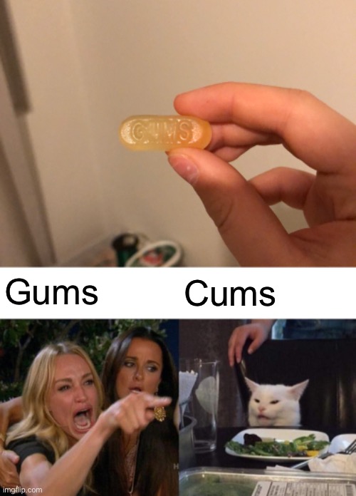 Gums; Cums | image tagged in memes,woman yelling at cat | made w/ Imgflip meme maker