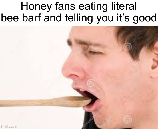 E | Honey fans eating literal bee barf and telling you it’s good | made w/ Imgflip meme maker