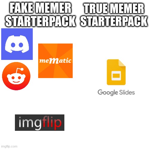 I Have Made the Most Controversial Meme of all Time |  TRUE MEMER STARTERPACK; FAKE MEMER STARTERPACK | image tagged in memers,discord,reddit,imgflip,controversial,starter pack | made w/ Imgflip meme maker