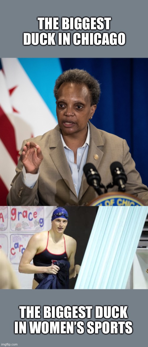 Who has (or is) the biggest…? | THE BIGGEST DUCK IN CHICAGO; THE BIGGEST DUCK IN WOMEN’S SPORTS | image tagged in lori lightfoot,lia thomas,biggest | made w/ Imgflip meme maker