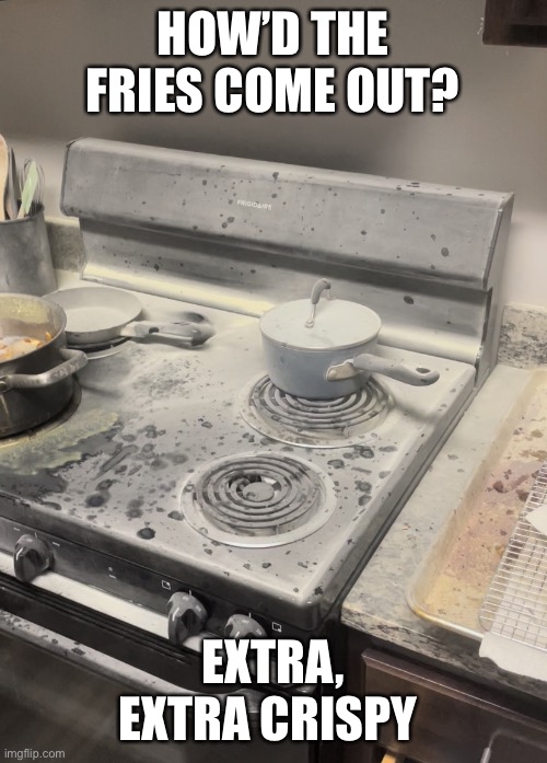 College Kid Stove Fail | HOW’D THE FRIES COME OUT? EXTRA, EXTRA CRISPY | image tagged in burned stove after fire | made w/ Imgflip meme maker