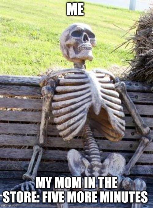 Waiting Skeleton Meme | ME; MY MOM IN THE STORE: FIVE MORE MINUTES | image tagged in memes,waiting skeleton | made w/ Imgflip meme maker