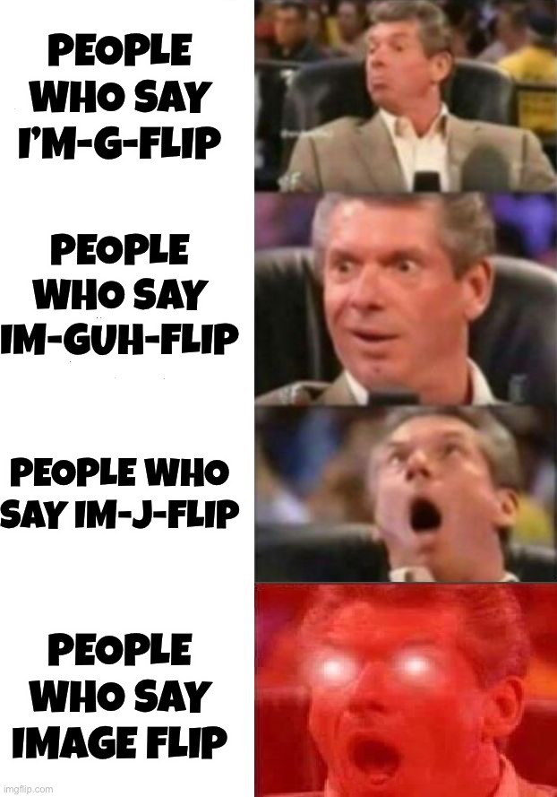 It’s pronounced “image flip” | PEOPLE WHO SAY I’M-G-FLIP; PEOPLE WHO SAY IM-GUH-FLIP; PEOPLE WHO SAY IM-J-FLIP; PEOPLE WHO SAY IMAGE FLIP | image tagged in mr mcmahon reaction,memes,funny,imgflip,pronounce,yessir | made w/ Imgflip meme maker