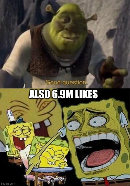 ALSO 6.9M LIKES | image tagged in shrek good question,spongebob laughing histarically | made w/ Imgflip meme maker