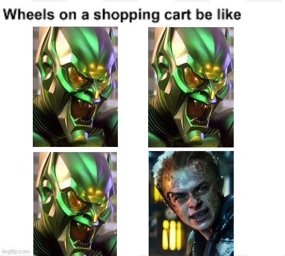 Willem Dafoe is better than Dane Dehaan as the Green Goblin, FACT | image tagged in wheels on a shopping cart be like,spiderman,spider man,green goblin,no way home,spiderman pointing at spiderman | made w/ Imgflip meme maker