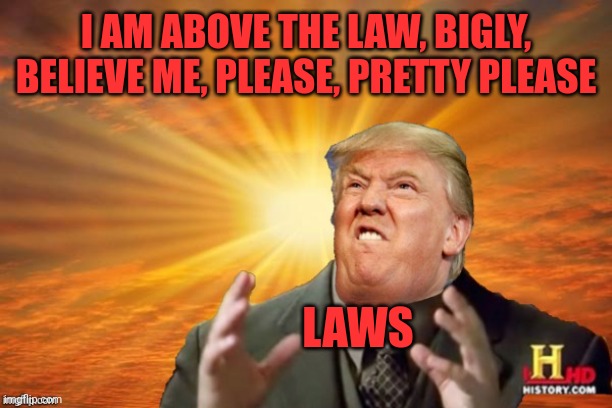 Russian asset | I AM ABOVE THE LAW, BIGLY, BELIEVE ME, PLEASE, PRETTY PLEASE; LAWS | image tagged in trump ancient aliens | made w/ Imgflip meme maker
