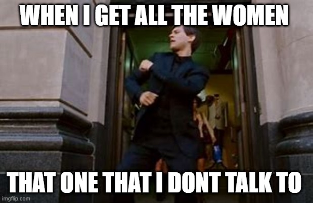 when is there a time for that | WHEN I GET ALL THE WOMEN; THAT ONE THAT I DONT TALK TO | image tagged in spiderman dancing | made w/ Imgflip meme maker