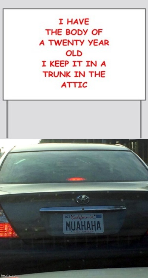 MUAHAHA | image tagged in license plate,body,dark humor,memes,attic,trunk | made w/ Imgflip meme maker