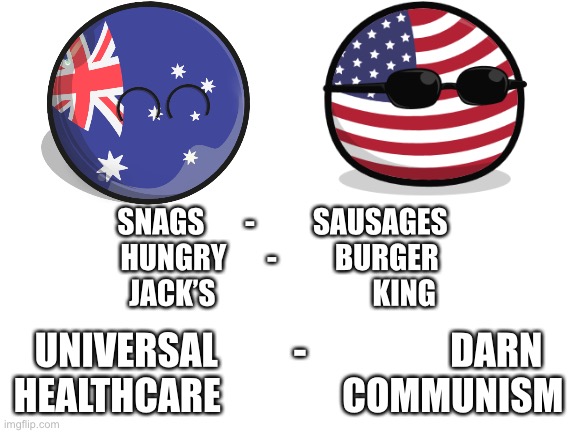 Redone joke in a different way | SNAGS       -          SAUSAGES
HUNGRY       -          BURGER 
JACK’S                           KING; UNIVERSAL          -                   DARN
HEALTHCARE                COMMUNISM | image tagged in blank white template | made w/ Imgflip meme maker