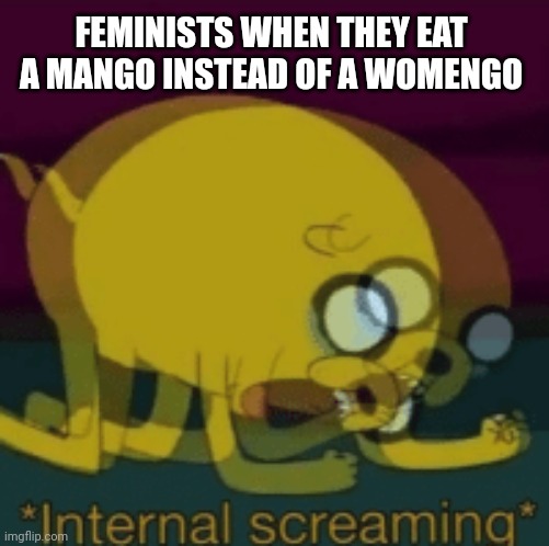 LOL | FEMINISTS WHEN THEY EAT A MANGO INSTEAD OF A WOMENGO | image tagged in jake the dog internal screaming | made w/ Imgflip meme maker