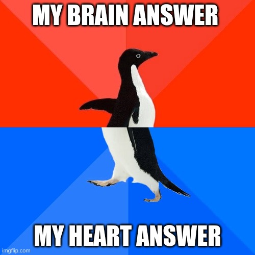 i don't know | MY BRAIN ANSWER; MY HEART ANSWER | image tagged in memes,socially awesome awkward penguin | made w/ Imgflip meme maker
