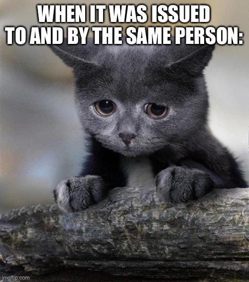 Confession Cat | WHEN IT WAS ISSUED TO AND BY THE SAME PERSON: | image tagged in confession cat | made w/ Imgflip meme maker
