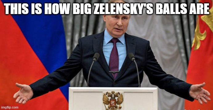putin arms outstretched | THIS IS HOW BIG ZELENSKY'S BALLS ARE | image tagged in putin arms outstretched | made w/ Imgflip meme maker