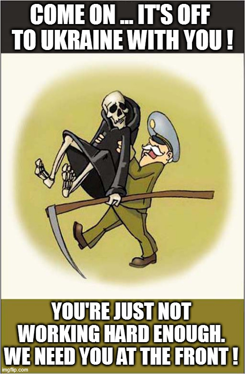 The Grim Reaper In Demand ! | COME ON ... IT'S OFF 
TO UKRAINE WITH YOU ! YOU'RE JUST NOT WORKING HARD ENOUGH.
WE NEED YOU AT THE FRONT ! | image tagged in grim reaper,ukraine,call up,dark humour | made w/ Imgflip meme maker
