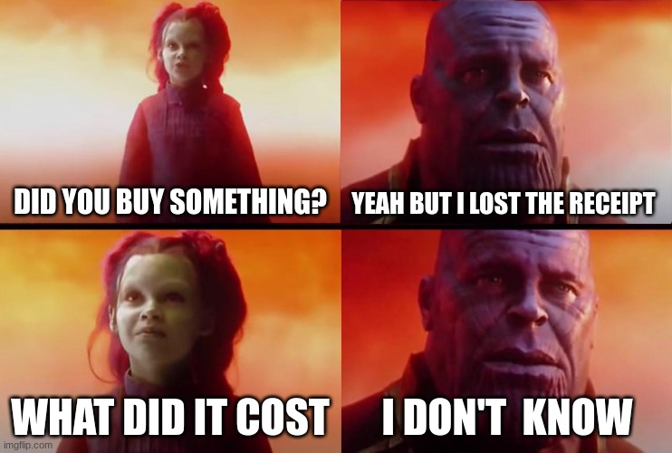 well I'm not wrong | DID YOU BUY SOMETHING? YEAH BUT I LOST THE RECEIPT; WHAT DID IT COST; I DON'T  KNOW | image tagged in thanos what did it cost,funny,memes,funny memes | made w/ Imgflip meme maker