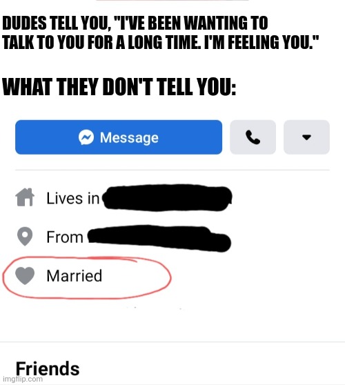 Married, But Single | DUDES TELL YOU, "I'VE BEEN WANTING TO TALK TO YOU FOR A LONG TIME. I'M FEELING YOU."; WHAT THEY DON'T TELL YOU: | image tagged in facebook problems,dating,married | made w/ Imgflip meme maker