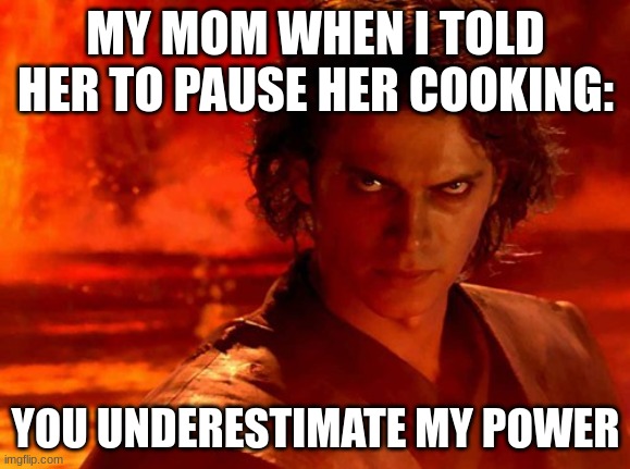 Uno reverse Card | MY MOM WHEN I TOLD HER TO PAUSE HER COOKING:; YOU UNDERESTIMATE MY POWER | image tagged in memes,you underestimate my power | made w/ Imgflip meme maker