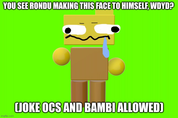 e | YOU SEE RONDU MAKING THIS FACE TO HIMSELF, WDYD? (JOKE OCS AND BAMBI ALLOWED) | image tagged in uh oh looks like you gave rondu the stupid | made w/ Imgflip meme maker