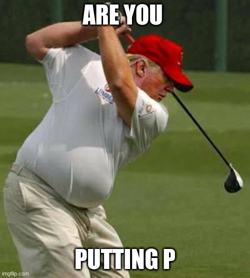 pushin p im pushin | ARE YOU; PUTTING P | image tagged in trump golf gut | made w/ Imgflip meme maker
