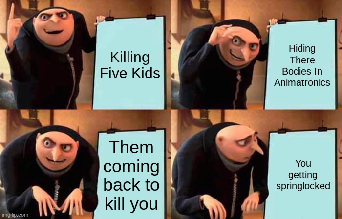 Gru's Plan | Killing Five Kids; Hiding There Bodies In Animatronics; Them coming back to kill you; You getting springlocked | image tagged in memes,gru's plan | made w/ Imgflip meme maker