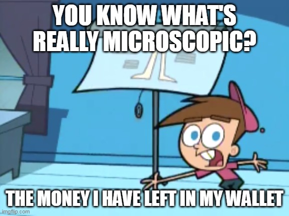 You Know What's Really Microscopic? How Much I Care! | YOU KNOW WHAT'S REALLY MICROSCOPIC? THE MONEY I HAVE LEFT IN MY WALLET | image tagged in you know what's really microscopic how much i care,meme,memes,humor | made w/ Imgflip meme maker
