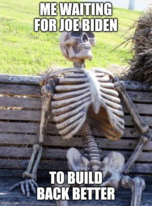 Build back better claim | ME WAITING FOR JOE BIDEN; TO BUILD BACK BETTER | image tagged in memes,waiting skeleton,joe biden | made w/ Imgflip meme maker