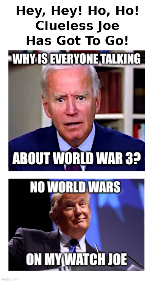 Hey, Hey! Ho, Ho! Clueless Joe Has Got To Go! | image tagged in biden,clueless,world war 3,trump,smart,peace | made w/ Imgflip meme maker