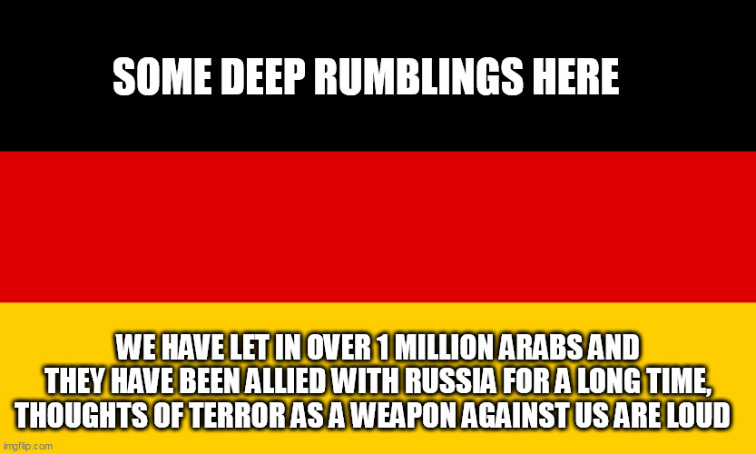 Germany | SOME DEEP RUMBLINGS HERE; WE HAVE LET IN OVER 1 MILLION ARABS AND THEY HAVE BEEN ALLIED WITH RUSSIA FOR A LONG TIME, THOUGHTS OF TERROR AS A WEAPON AGAINST US ARE LOUD | image tagged in germany | made w/ Imgflip meme maker