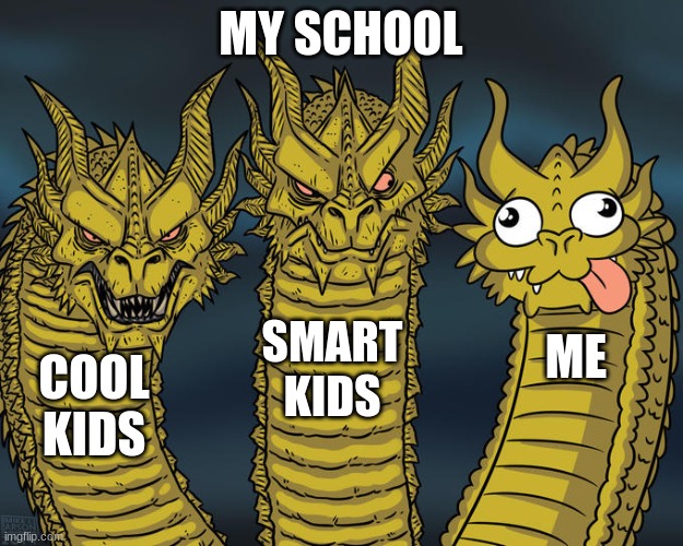 Three-headed Dragon | MY SCHOOL; SMART KIDS; ME; COOL KIDS | image tagged in three-headed dragon | made w/ Imgflip meme maker