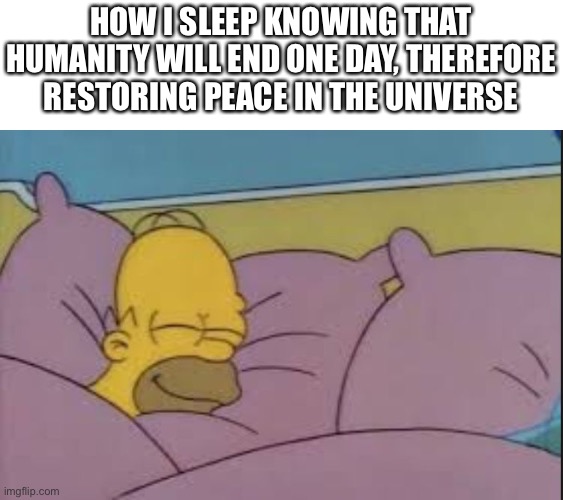 how i sleep homer simpson | HOW I SLEEP KNOWING THAT HUMANITY WILL END ONE DAY, THEREFORE RESTORING PEACE IN THE UNIVERSE | image tagged in how i sleep homer simpson | made w/ Imgflip meme maker