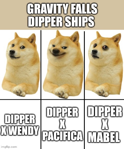 Doge happy sad | GRAVITY FALLS DIPPER SHIPS; DIPPER X PACIFICA; DIPPER X WENDY; DIPPER X MABEL | image tagged in doge happy sad | made w/ Imgflip meme maker