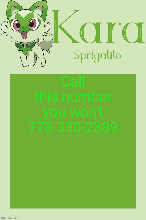 Kara Sprigatito temp | Call this number you won't 778-330-2389 | image tagged in kara sprigatito temp | made w/ Imgflip meme maker