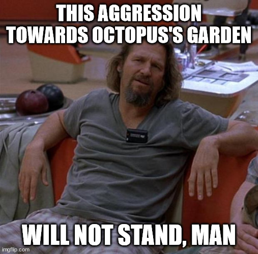 The Dude | THIS AGGRESSION TOWARDS OCTOPUS'S GARDEN; WILL NOT STAND, MAN | image tagged in the dude | made w/ Imgflip meme maker