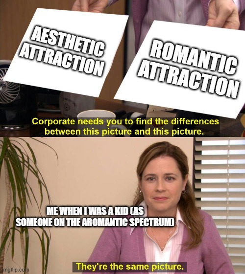 The aromantic spectrum experience | AESTHETIC ATTRACTION; ROMANTIC ATTRACTION; ME WHEN I WAS A KID (AS SOMEONE ON THE AROMANTIC SPECTRUM) | image tagged in they are the same picture,lgbtq | made w/ Imgflip meme maker