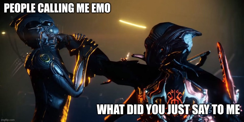 Pissed off stalker warframe HD | PEOPLE CALLING ME EMO; WHAT DID YOU JUST SAY TO ME | image tagged in pissed off stalker warframe hd | made w/ Imgflip meme maker