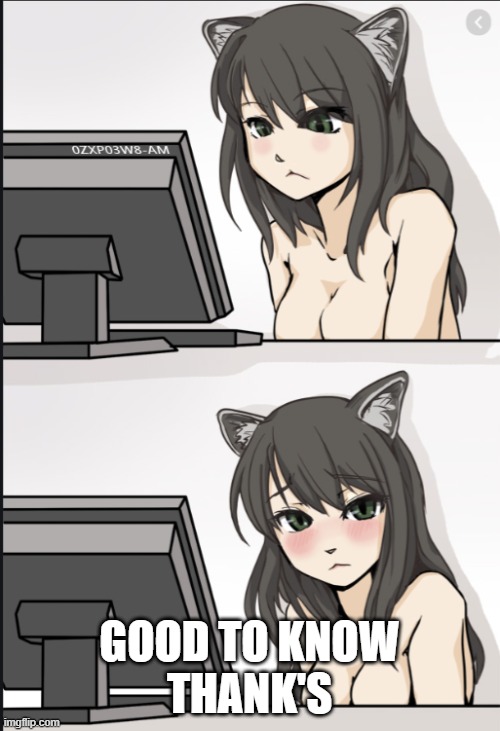 cat girl looking at computer | GOOD TO KNOW
THANK'S | image tagged in cat girl looking at computer | made w/ Imgflip meme maker