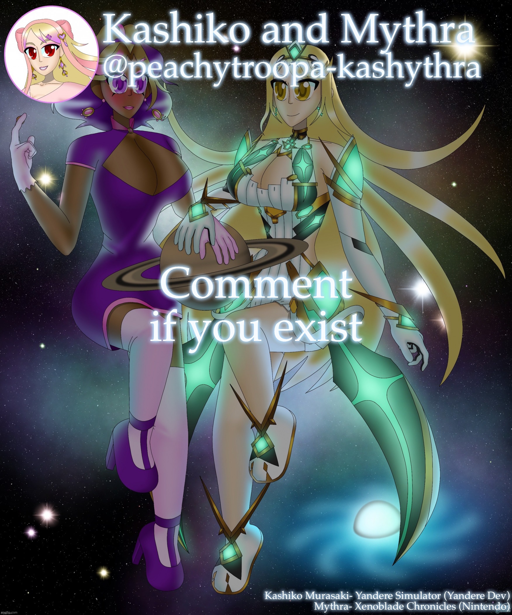Kashiko Murasaki and Mythra | Comment if you exist | image tagged in kashiko murasaki and mythra | made w/ Imgflip meme maker