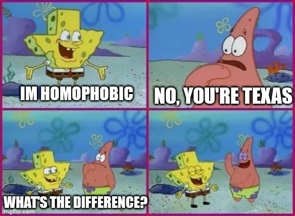 What's Texas' problem with LGBT anyway | NO, YOU'RE TEXAS; IM HOMOPHOBIC; WHAT'S THE DIFFERENCE? | image tagged in texas spongebob | made w/ Imgflip meme maker