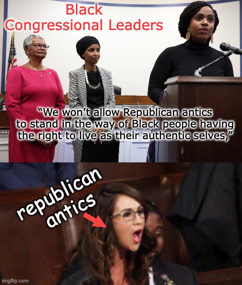 Not just anti-veteran: anti-HUMAN | Black Congressional Leaders; “We won’t allow Republican antics to stand in the way of Black people having the right to live as their authentic selves,”; republican 
antics | image tagged in dumb dumber,boebert | made w/ Imgflip meme maker