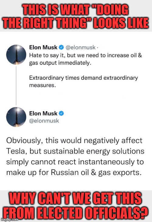 Doing what is right, even when it isn't the best for yourself |  THIS IS WHAT "DOING THE RIGHT THING" LOOKS LIKE; WHY CAN'T WE GET THIS FROM ELECTED OFFICIALS? | image tagged in elon musk,energy,oil | made w/ Imgflip meme maker
