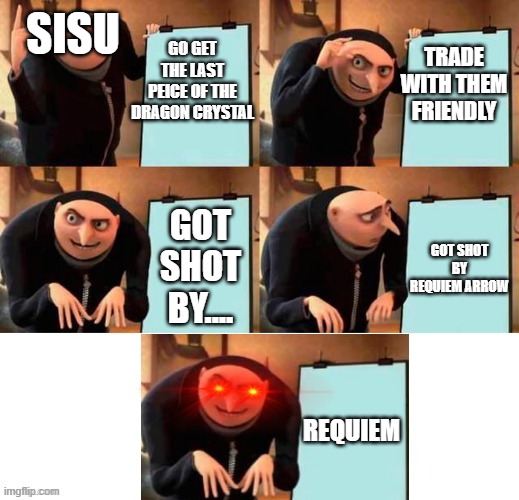 I, Sisu, has a dream. | TRADE WITH THEM FRIENDLY; SISU; GO GET THE LAST PEICE OF THE DRAGON CRYSTAL; GOT SHOT BY.... GOT SHOT BY REQUIEM ARROW; REQUIEM | image tagged in red eyes gru five frames | made w/ Imgflip meme maker